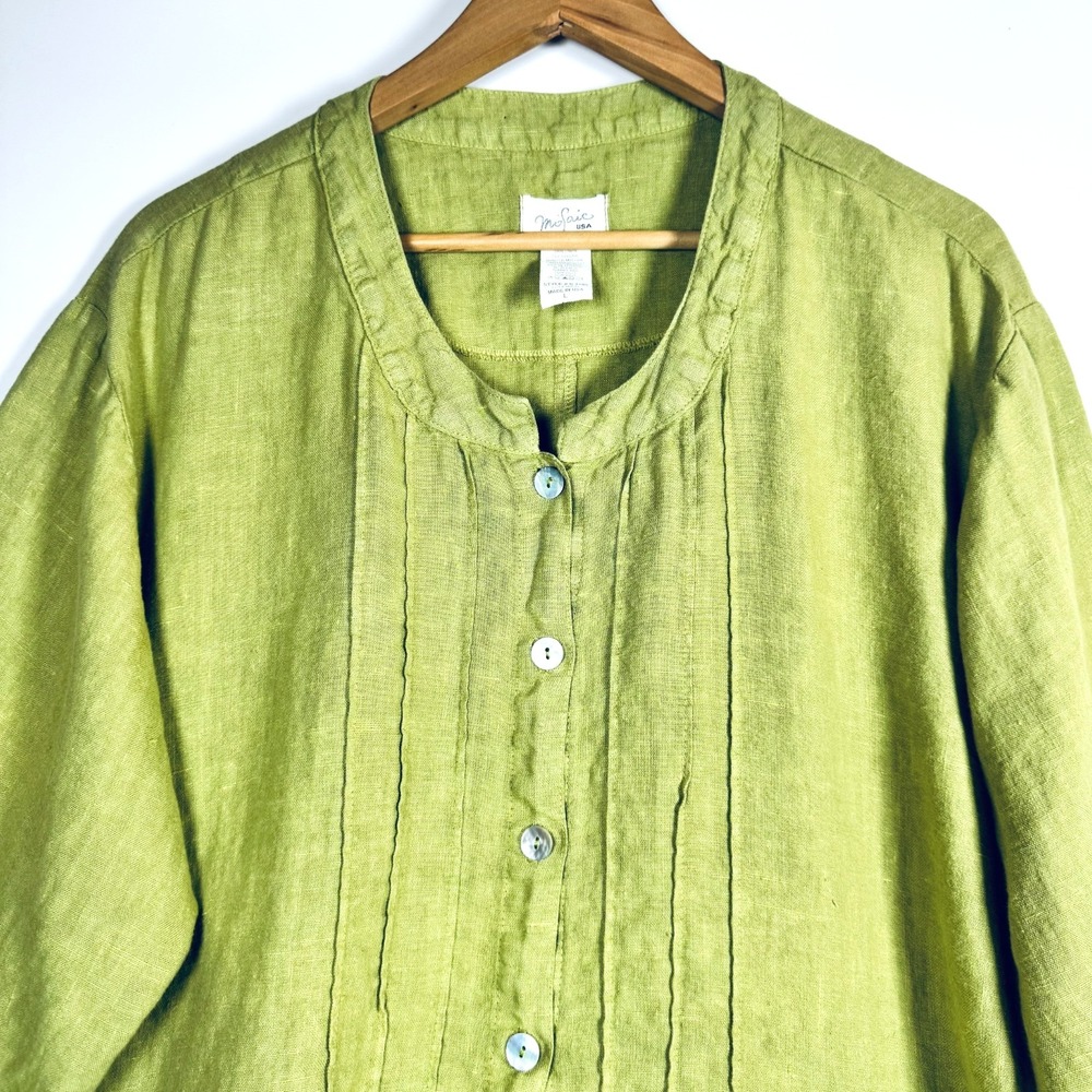Mosaic Linen Tunic Top Womens Large Green Lagenlook Boho Asymmetrical Minimalist - Picture 2 of 11